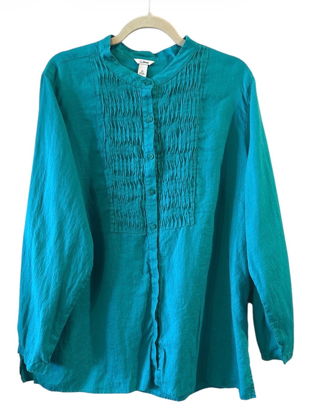 L.L.Bean 2X 100% Linen Pintuck Button Front Tunic Top Teal